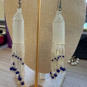 Chic White and Blue Beaded‎ Dangle Earrings